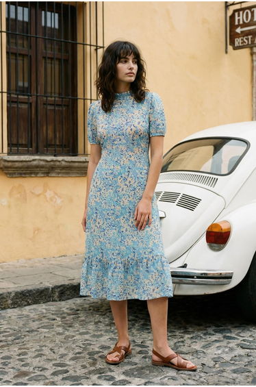 Light Blue Floral A-Line Ruffle Midi Woven Dress