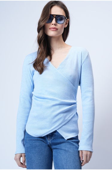 Women's Blue Double-Breasted Cut Drape Detail Blouse