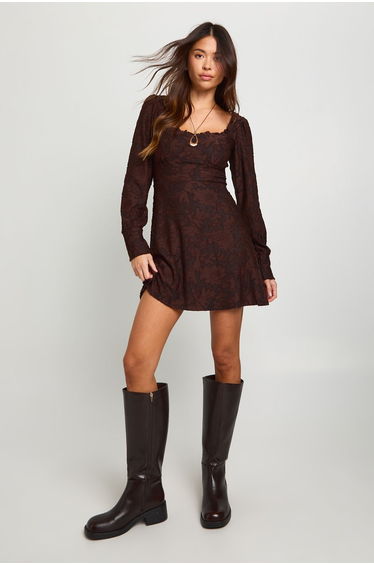 Burnout Floral Corset Milkmaid Mini Dress - chocolate