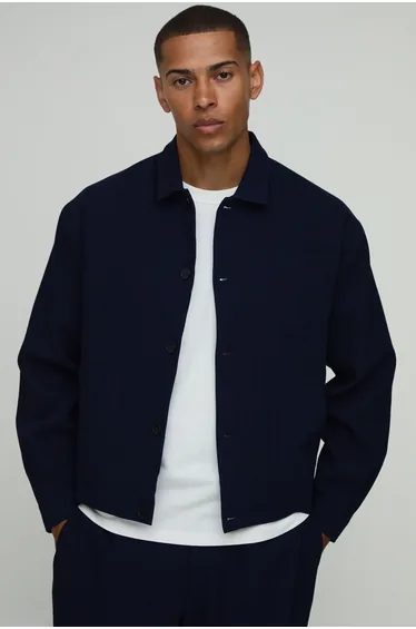 Tailored Oversized Linen Look Co-Ord Harrington Jacket - navy