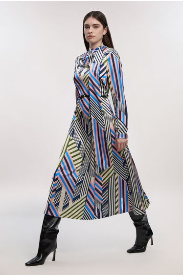 Geo Print Satin Wrap Neck Woven Dress