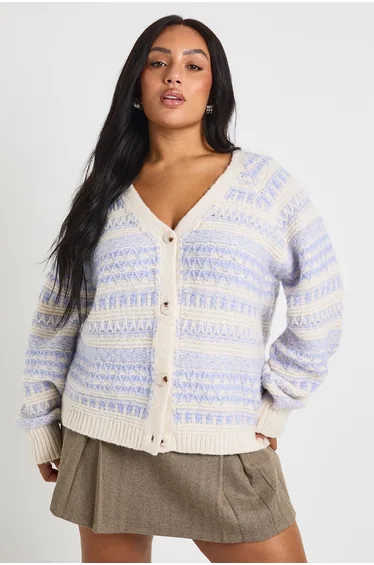 Plus Chunky Knit Fairisle Stripe Oversized Boyfriend Cardigan - lilac