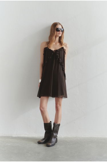 Limited Edition Brown Ruffle Mini Woven Dress