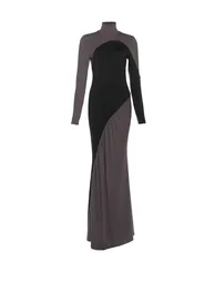 فستان ماكسي بياقة عالية لون بني - 5