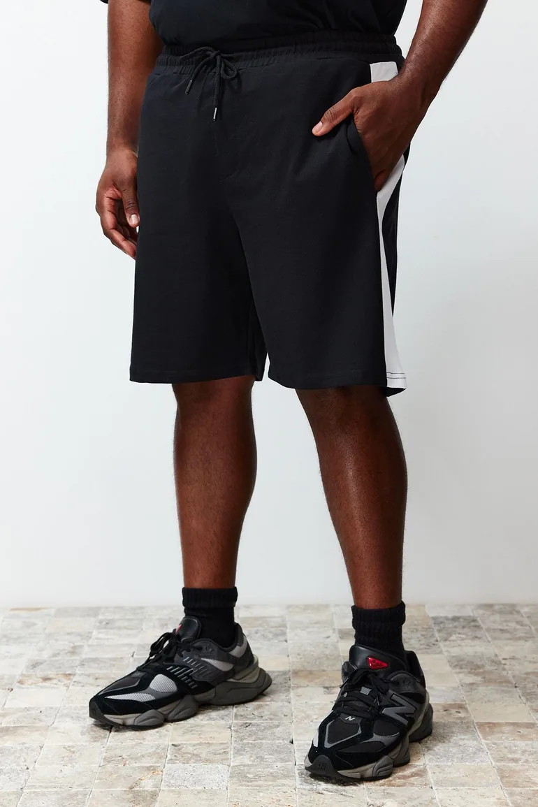 Black Men's Plus Size Regular/Regular Fit Color Block Detailed Shorts. - 4