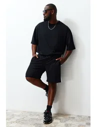 Black Men's Plus Size Regular/Regular Fit Color Block Detailed Shorts. - 2
