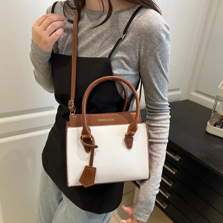 White Shoulder Bag with Contrast Dual Handle