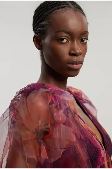 Floral Tulle Balloon Sleeve Plunge Woven Maxi Dress