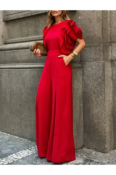 Loose Short Sleeves Falbala Solid Color Round-Neck Jumpsuits