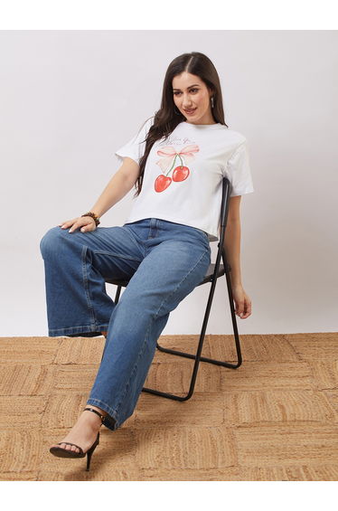 White Cherry Print Boxy Crop T-Shirt