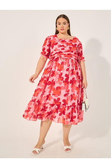 Plus Size Floral Print Ruched A-Line Midi Dress