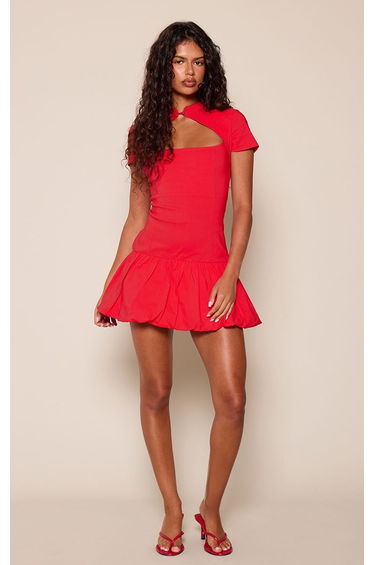 Red Stretch Woven Keyhole Neckline Puffball Mini Dress