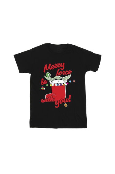Star Wars Mandalorian Boys Merry Force Be With You Cotton T-Shirt - Black