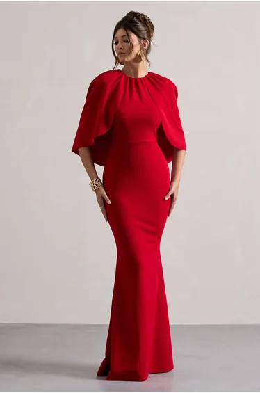 Kianne | Red Draped Short-Sleeve Maxi Dress