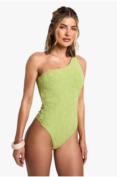 Hibiscus Flower Embossed One Shoulder Swimsuit - green