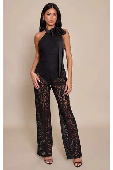 Black Lace Bow Detail Straight Leg Jumpsuit