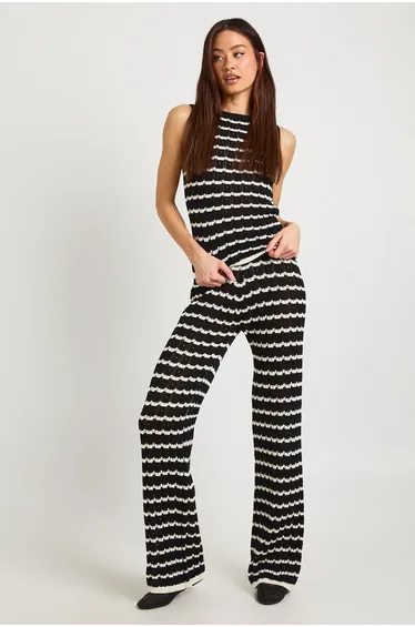 Tall Crochet Stripe Knit Top and Wide Leg Co-Ord - mono