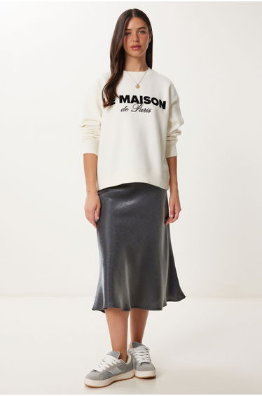 Women's Metallic Gray Satin Finish Midi Skirt