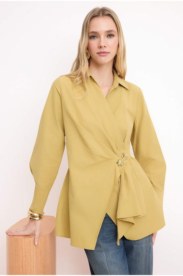 Khaki Regular Terrycotton Plain Woven Double-Breasted Metal Accessory Detailed Hijab Shirt