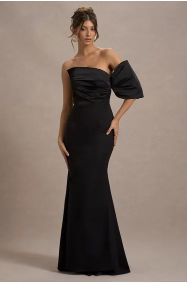 فستان ماكسي بكم واحد بذيل السمكة - أسود