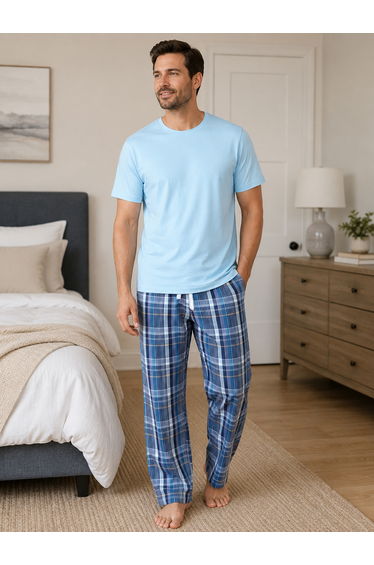 Men Solid Cotton T-Shirt and Checked Pyjama Set
