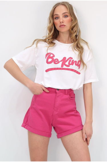 Women's White Crew Neck Front Text Printed Cotton T-Shirt