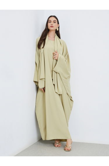 Solid Batwing Sleeve Abaya with Hijab Set