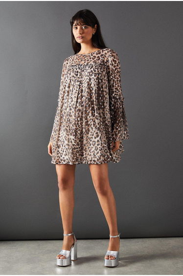 Metallic Jacquard Dobby Flared Sleeve Mini Dress
