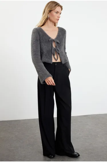 Anthracite Crop Feather Tie Detailed Knitwear Cardigan