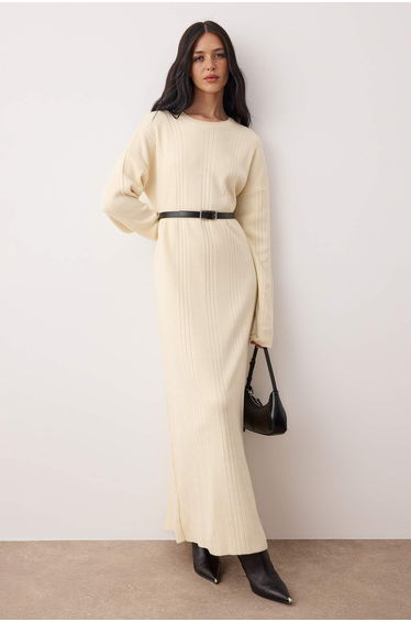 Ecru belted ribbed knit/camisole dress
