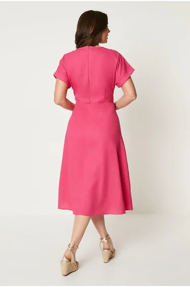 Linen Blend Pleat Detail Midi Dress - pink