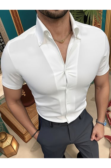 Men Solid Button Up Short Sleeve Shirt