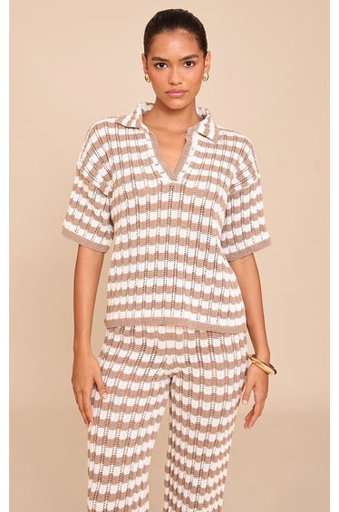 Mocha Crochet Stripe Rugby Knit Top