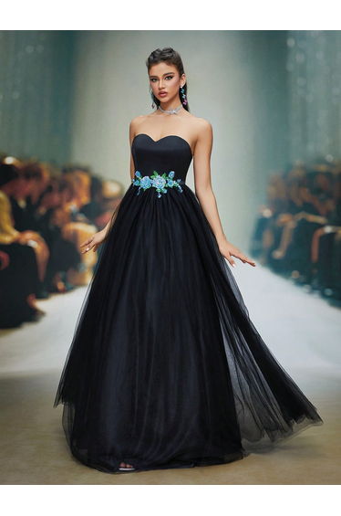 Leely Elegant Strapless Sleeveless Tulle Long Prom Dress