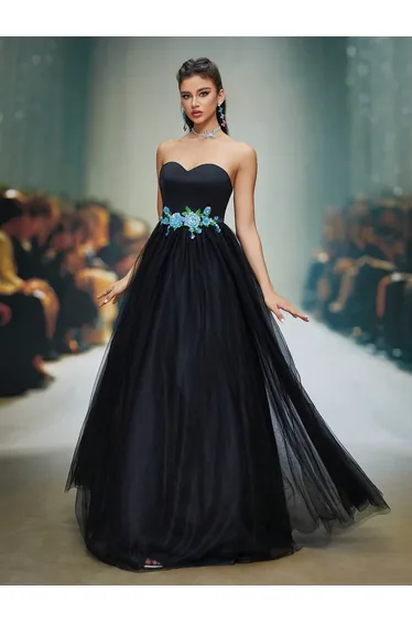 Leely Elegant Strapless Sleeveless Tulle Long Prom Dress