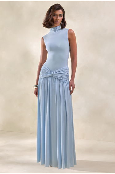 Glimora | Powder Blue High-Neck Maxi Dress With Ruched-Detailing