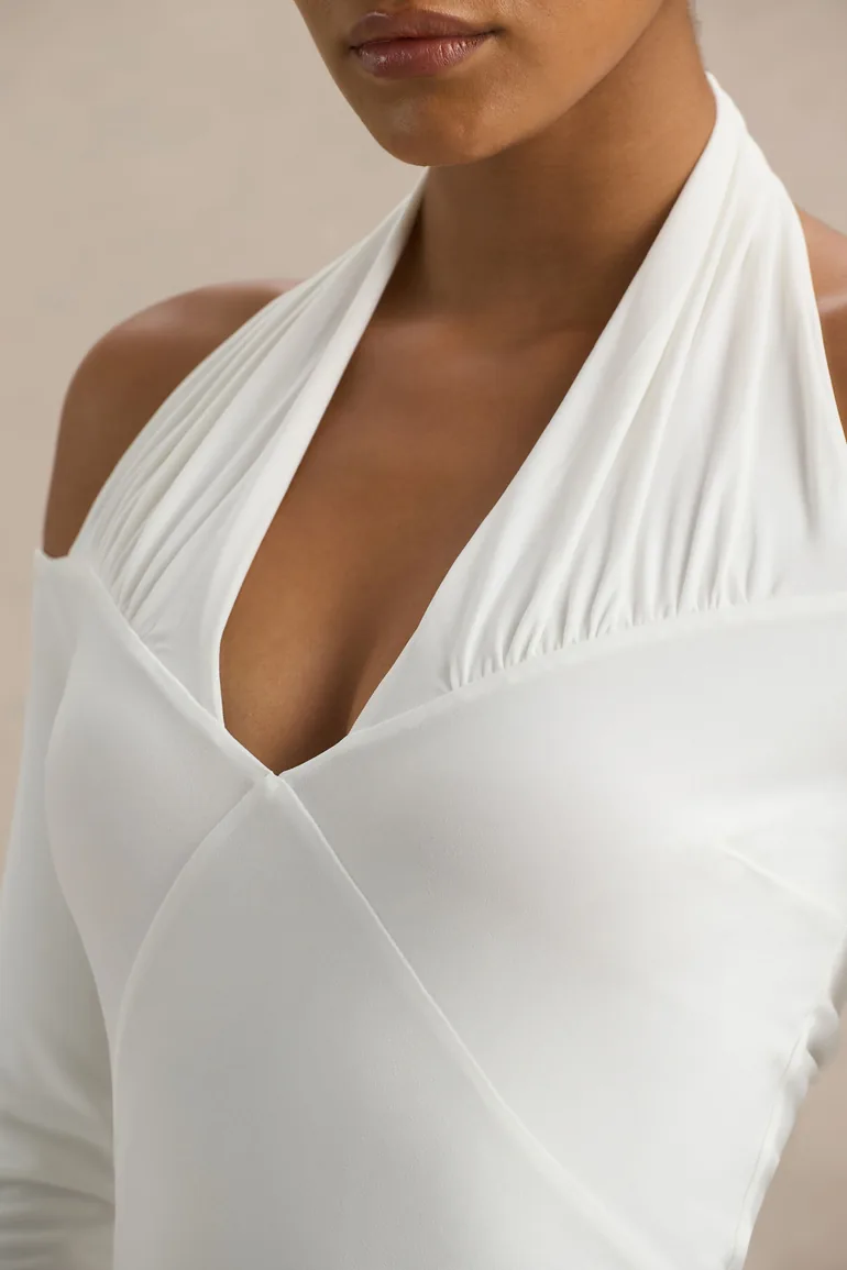 Living High | White Halter-Neck Maxi Dress With Long Sleeves - 5