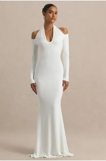 Living High | White Halter-Neck Maxi Dress With Long Sleeves