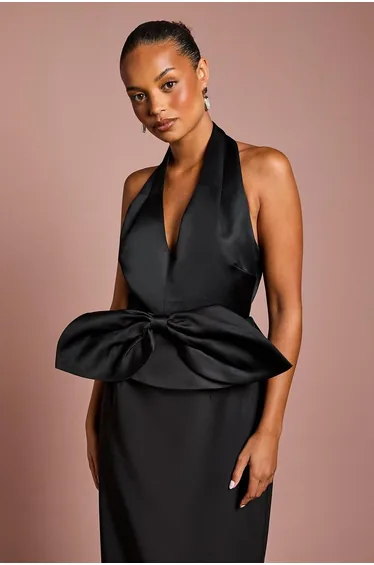 Petite Halter Neck Structured Satin Column Midi Dress