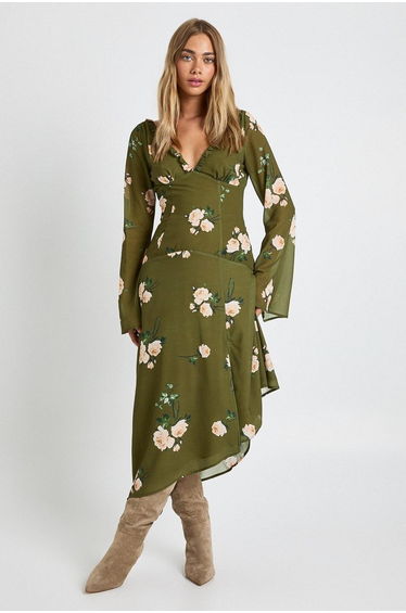 Floral Asymmetric Flare Sleeve Midaxi Dress - green