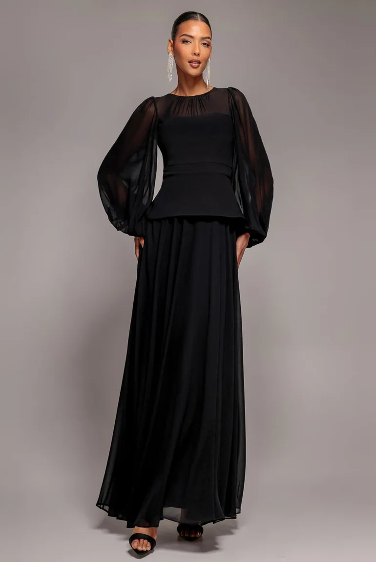 Bishop Sleeve Peplum Top Scuba Crepe And Chiffon Maxi Dress - Black by Goddiva