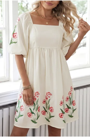 Lvness Beige Floral Print Puff Sleeve Babydoll Dress