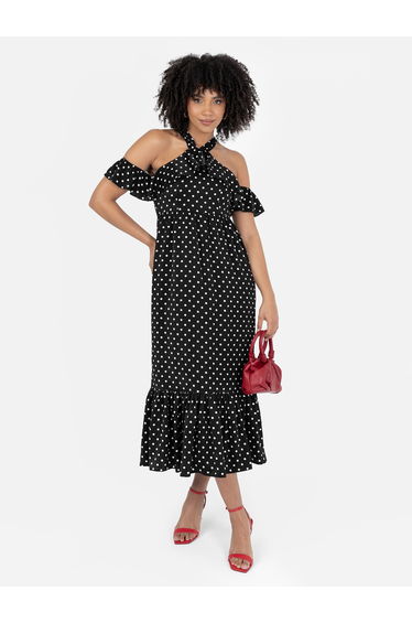 Lovedrobe Black Polka Dot Could Shoulder Halter Neck Midaxi Dress