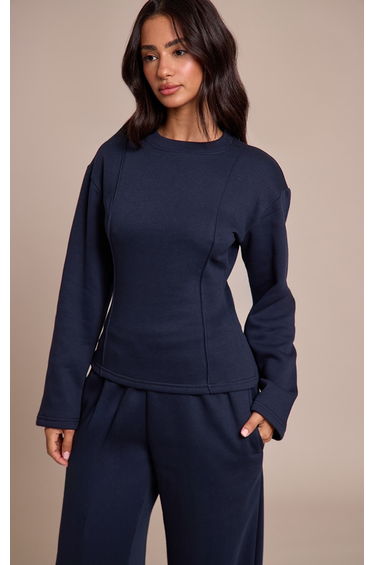 Petite Navy Long Sleeve Waist Cinched Sweatshirt