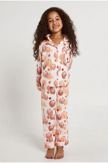 Kids Matching Family Super Soft Leopard Pumpkin Print Long Sleeve Shirt & Trousers Pyjama Set - beige