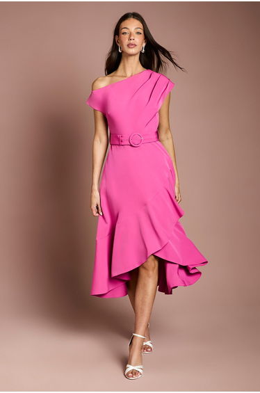 Drape Shoulder Frill Detail Crepe Midi Dress