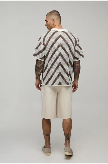 Relaxed Fit Stripe Open Stitch Knitted Shirt - brown