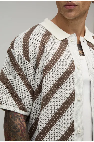 Relaxed Fit Stripe Open Stitch Knitted Shirt - brown