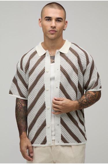 Relaxed Fit Stripe Open Stitch Knitted Shirt - brown