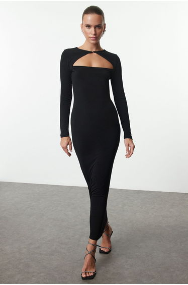 Black Cut Out/Window Detailed Knitted Chic Evening Dress